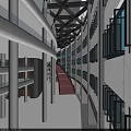 Modern Architectural Interior Space With White Columns Red Stairs And Black Window Frames 3d model