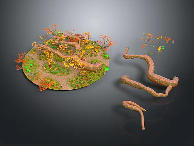 Cartoon Nature Scene with Twisted Branches Colorful Autumn Leaves and Green Grass Patches 3d model
