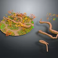Cartoon Nature Scene with Twisted Branches Colorful Autumn Leaves and Green Grass Patches