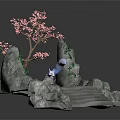 White Fox By Blue Pond With Pink Cherry Blossom Tree Stone Rockery And Green Vines