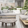 Detached Villa Wooden Winter Deck With Christmas Tree Snow Sofa Gift Boxes And Decor