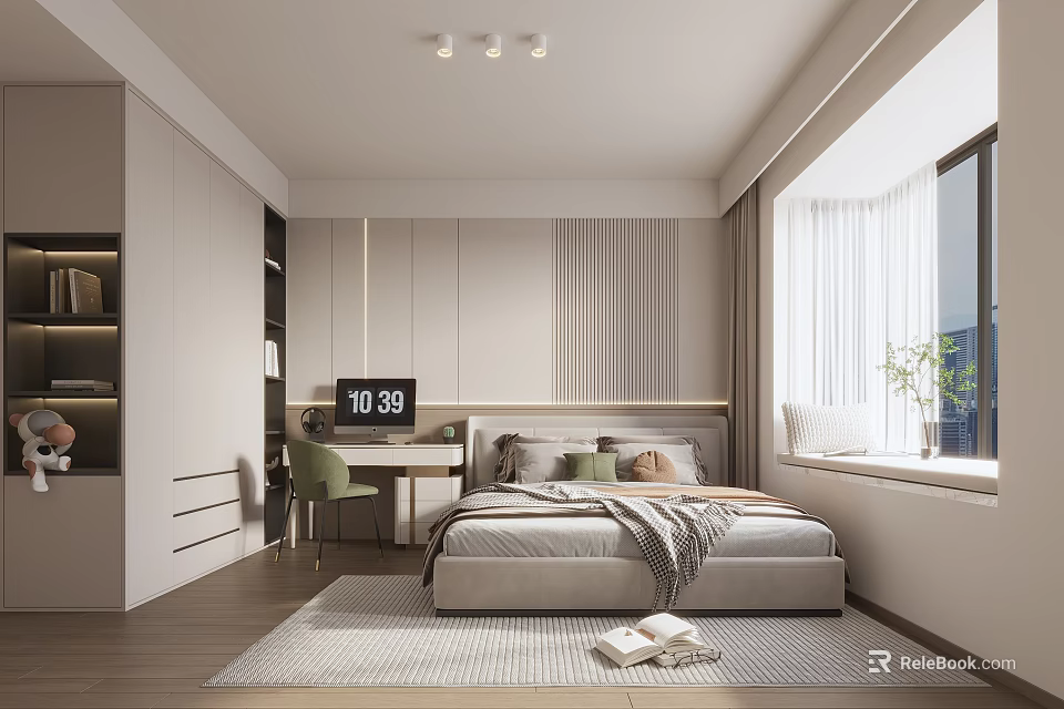 Cozy Modern Bedroom Interior With Bed Desk Chair Striped Wall Rug And Window Curtains 3d model 