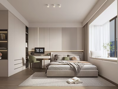 Cozy Modern Bedroom Interior With Bed Desk Chair Striped Wall Rug And Window Curtains 3d model
