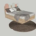 Wooden Kids Bed With Colorful Geometric Headboard Soft Pillows Cozy Blanket And Round Jute Rug