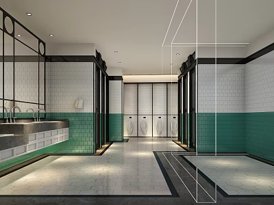 Modern Public Restroom Interior Design With Green White Tiles Washbasins And Mirrors 3d model