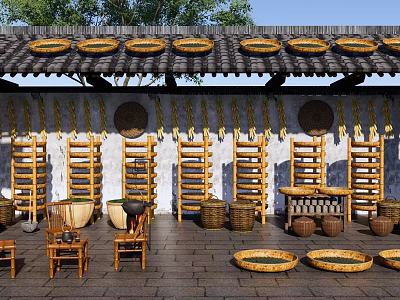 Chinese Courtyard Tea Culture Village Courtyard Autumn Harvest Sundry Tea Tea Hand-made Tea Bamboo Bamboo Dustpan Boiled Tea in a Furnace 3d model