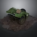 Green Military Style Old Car With Damaged Body Worn Tires On Muddy Ground