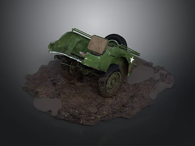 Green Military Style Old Car With Damaged Body Worn Tires On Muddy Ground 3d model