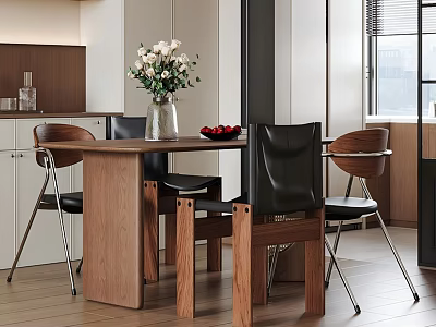 Modern Wooden Dining Table Set with Black Chairs Vase of Flowers and Fruits 3d model