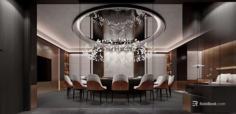 Modern Private Dining Room Interior With Round Table Chandelier And Upholstered Chairs 3d model 