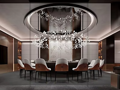 Modern Private Dining Room Interior With Round Table Chandelier And Upholstered Chairs 3d model