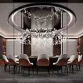 Modern Private Dining Room Interior With Round Table Chandelier And Upholstered Chairs 3d model