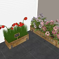 Colorful Flowers In Wooden Planters With Peppers Sunflowers Tags Near Window Blinds