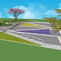 Outdoor Staircase with Landscaped Lawn Pink Flowering Trees Purple and Yellow Flower Beds and Railing