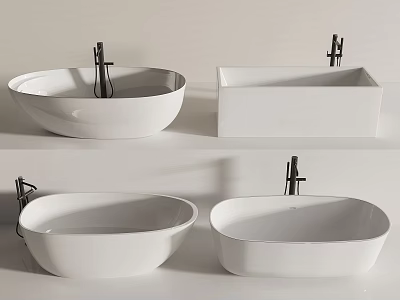 Modern White Bathtub Designs Featuring Round Oval And Rectangular Shapes With Faucets 3d model