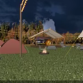 Outdoor Night Garden Landscape with Tents String Lights Dining Chairs Bonfire and Trees on Grass