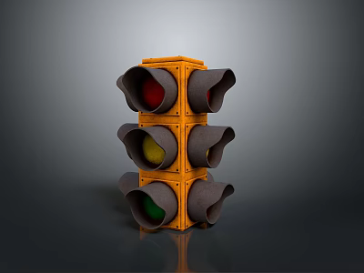 Orange Frame Traffic Light With Red Yellow Green Lights Isolated On Dark Background 3d model