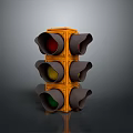 Orange Frame Traffic Light With Red Yellow Green Lights Isolated On Dark Background