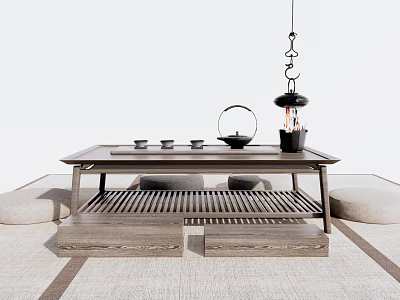 Japanese Style Wooden Tea Table Set with Teapot Tea Cups and Cushions on Tatami Mats 3d model
