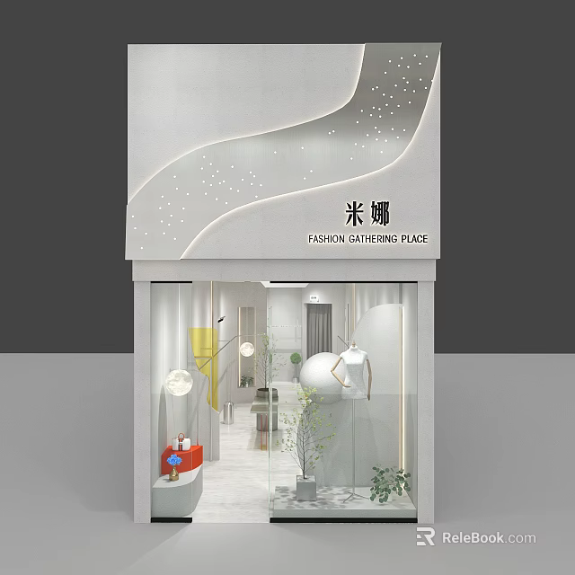 Modern Minimalist Clothing Store With Glass Facade And Interior Lighting Decor 3d model 