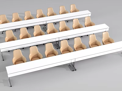 Classroom Desk And Chair Set With White Long Tables And Light Brown Chairs Neatly Arranged 3d model
