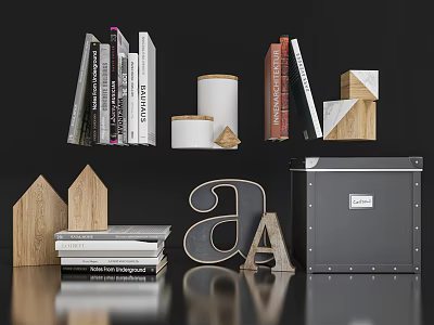 Stylish Decorative Ornament Set with Books Wooden House Ornaments Letter Decor Storage Box Cylindrical Jars 3d model