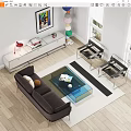 Modern Brown Sofa With Transparent Glass Coffee Table Black Chairs Striped Rug And Wall Art