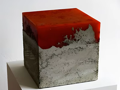 Garden Ornament Cube Shape With Red Top Gray Base And Textured Surface On White Pedestal 3d model