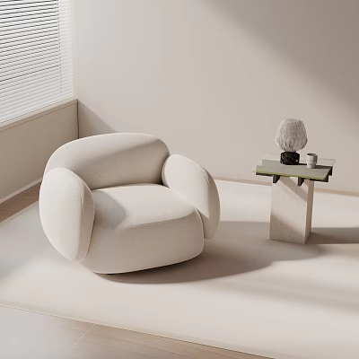 Beige Curved Lounge Chair In Modern Cozy Interior With Side Table And Sculpture 3d model