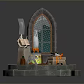 Mystical Fantasy Altar Scene With Arched Green Grid Window Smoking Cauldron And Circular Stone Steps
