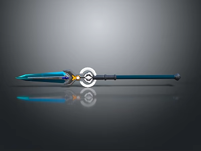 Blue Spear Weapon With Glowing Element Circular Ornament And Long Shaft Design 3d model