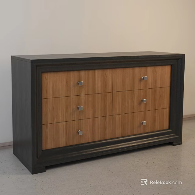Modern Chest of Drawers with Black Frame and Wooden Drawers and Metal Handles 3d model 