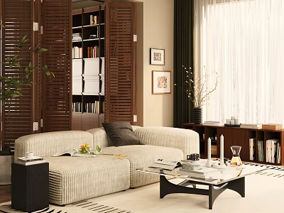 Modern Living Room Interior Design With Beige Striped Sofa Wooden Bookshelf And Coffee Table 3d model