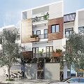 Multi Level Modern Detached Villa With Wooden Facade White Exterior Balconies Potted Plants And Garage