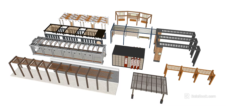 Various Outdoor Pergola Designs Featuring Wooden Metal Structures And Seating Elements 3d model