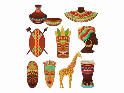 African Style Handcrafted Decorative Hangings With Masks Giraffe Drum And Shield 3d model