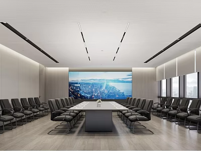 Modern Conference Room Interior Design With Long Table Black Chairs And City View Screen 3d model