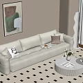 Modern Living Room With Beige Sofa Geometric Rug Round Coffee Table And Abstract Painting