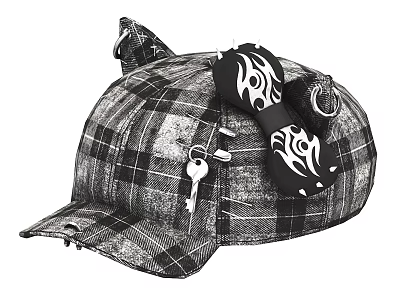 Plaid Hat with Cat Ears Black Bow White Patterns Key Pendant and Rivets 3d model