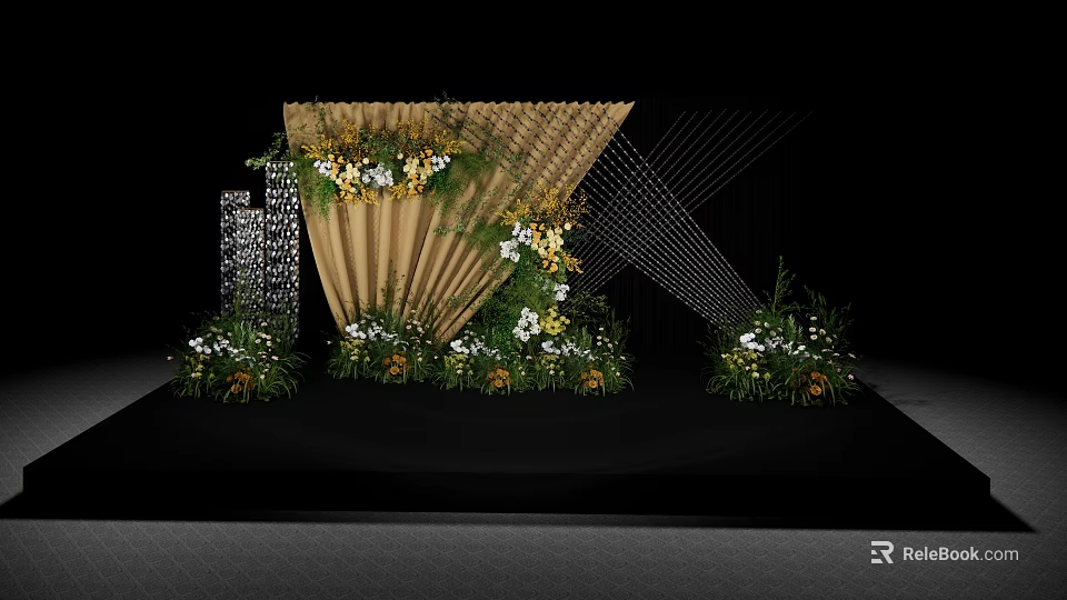 Elegant Banquet Hall Setup With Decorative Screens Floral Arrangements And Modern Backdrop 3d model 