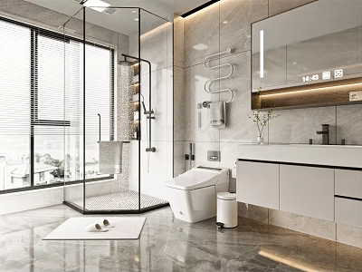 Modern Bathroom Interior Featuring Glass Shower Enclosure Large Window White Toilet Marble Vanity And Mirror 3d model