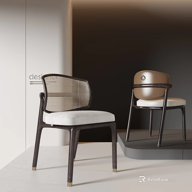 Modern Leisure Chairs With Rattan Backrest And White Cushion Dark Legs In Minimalist Display Space 3d model 