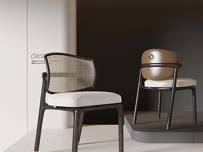 Modern Leisure Chairs With Rattan Backrest And White Cushion Dark Legs In Minimalist Display Space 3d model