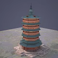 Traditional Multi Tiered Red Tower With Green Roof And Stone Base