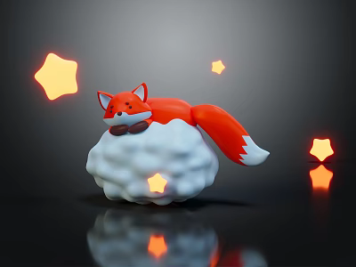 Red Fox Doll Lying On Cloud Shaped Object With Glowing Stars And Dark Background Reflection 3d model