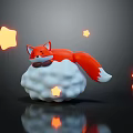 Red Fox Doll Lying On Cloud Shaped Object With Glowing Stars And Dark Background Reflection 3d model