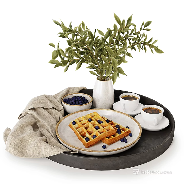 Stylish Tableware Set With Waffle Plate Coffee Cups And Blueberries 3d model