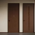 Two Brown Swing Doors With Small Square Emblem Vertical Carved Pattern And Metal Door Handle