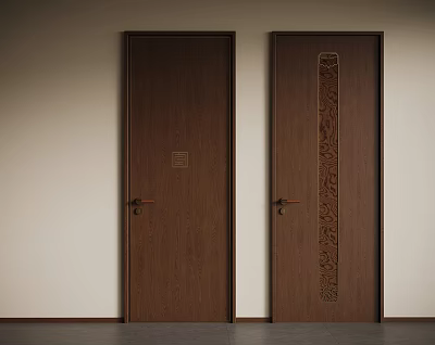 Two Brown Swing Doors With Small Square Emblem Vertical Carved Pattern And Metal Door Handle 3d model