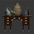 Vintage Functional Desk with Multiple Brass Decorated Drawers Clay Jar Lantern and Books on Top